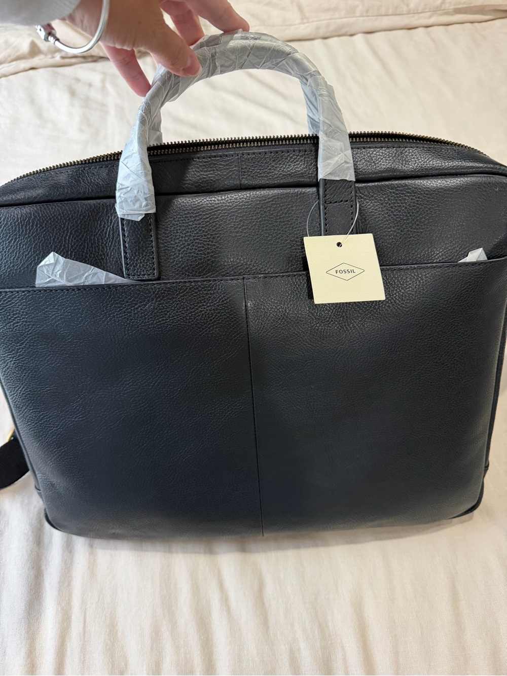 Fossil Black Leather Laptop Briefcase with Front Slip Pocket